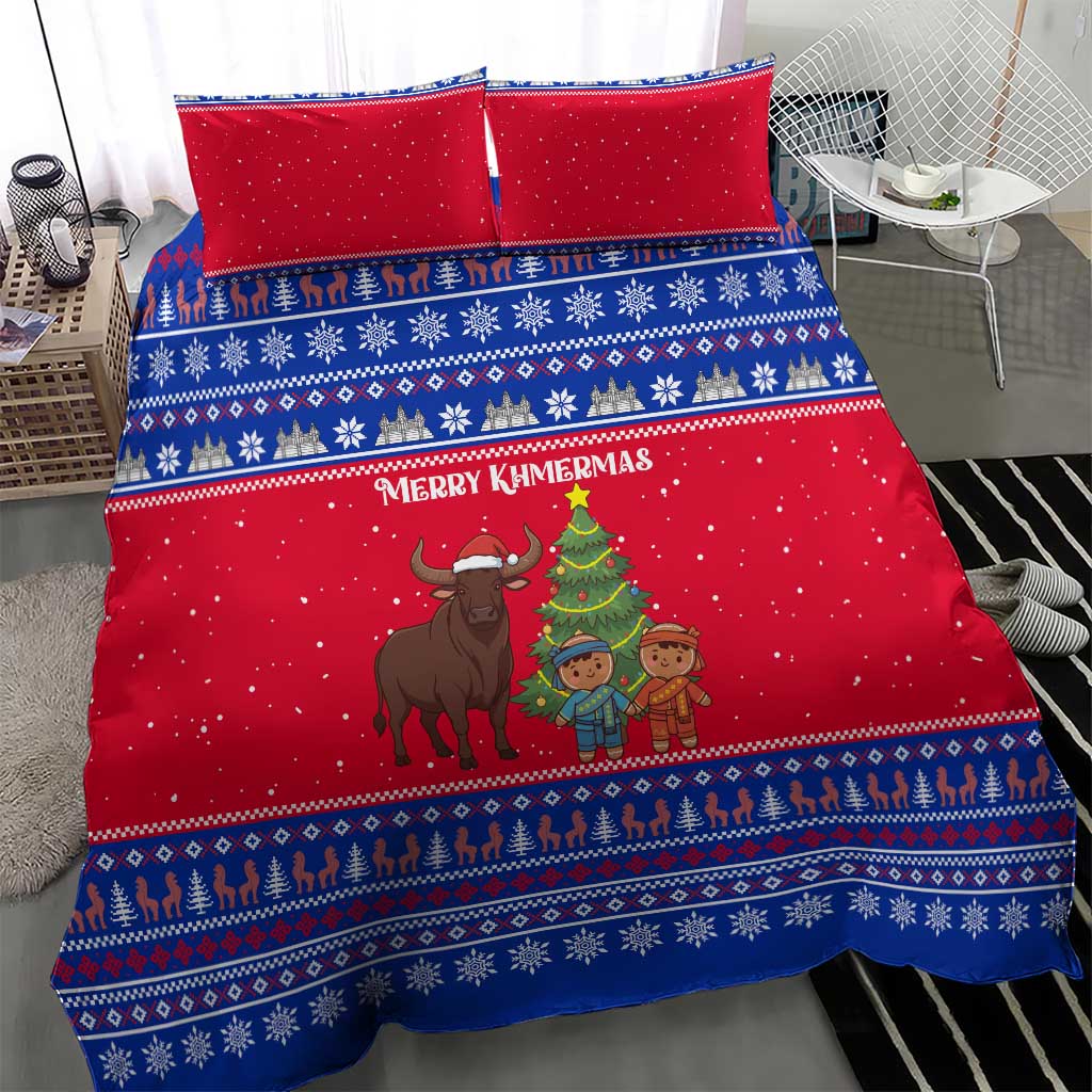 Cambodia Christmas Bedding Set with Buffalo Children Holiday Tree Snowflakes and Khmer Pattern Design - Wonder Print Shop