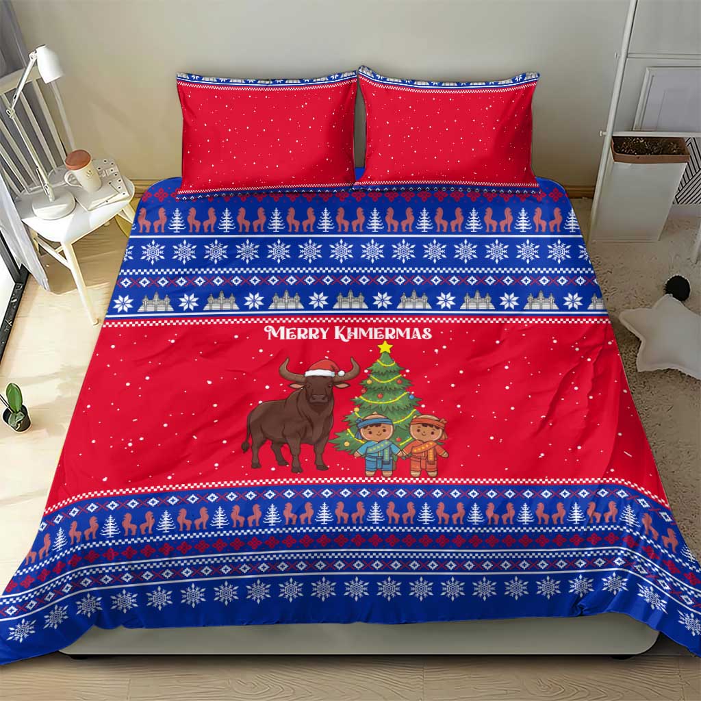 Cambodia Christmas Bedding Set with Buffalo Children Holiday Tree Snowflakes and Khmer Pattern Design - Wonder Print Shop