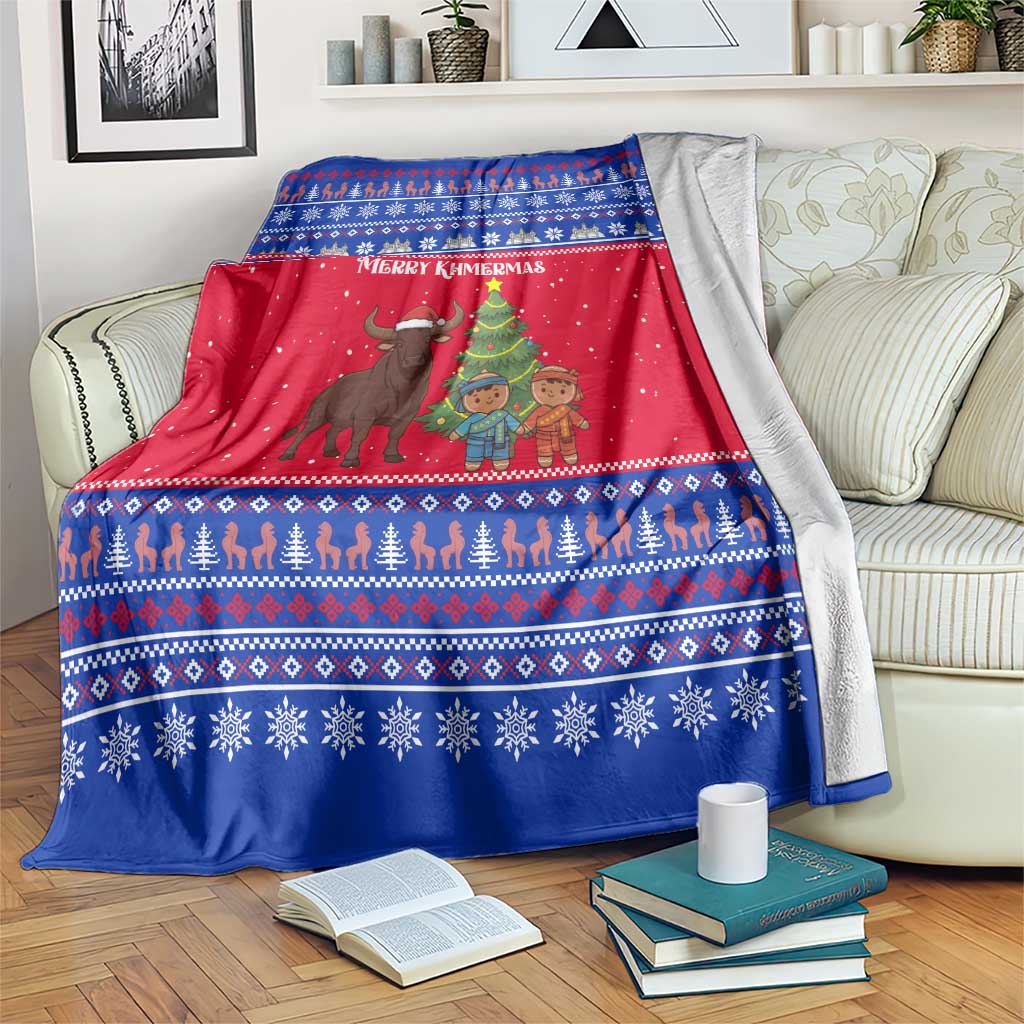 Cambodia Christmas Blanket with Buffalo Children Holiday Tree Snowflakes and Khmer Pattern Design - Wonder Print Shop
