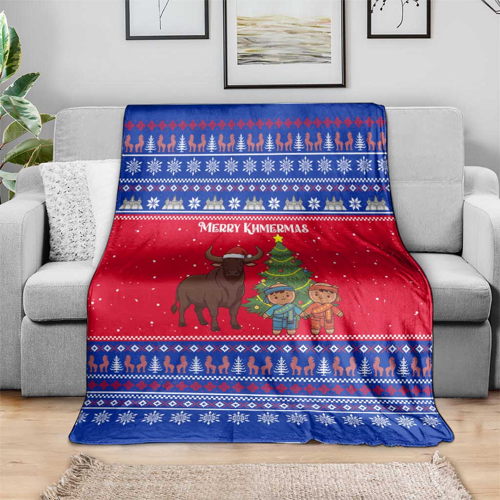Cambodia Christmas Blanket with Buffalo Children Holiday Tree Snowflakes and Khmer Pattern Design - Wonder Print Shop