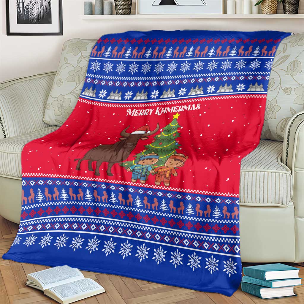 Cambodia Christmas Blanket with Buffalo Children Holiday Tree Snowflakes and Khmer Pattern Design - Wonder Print Shop