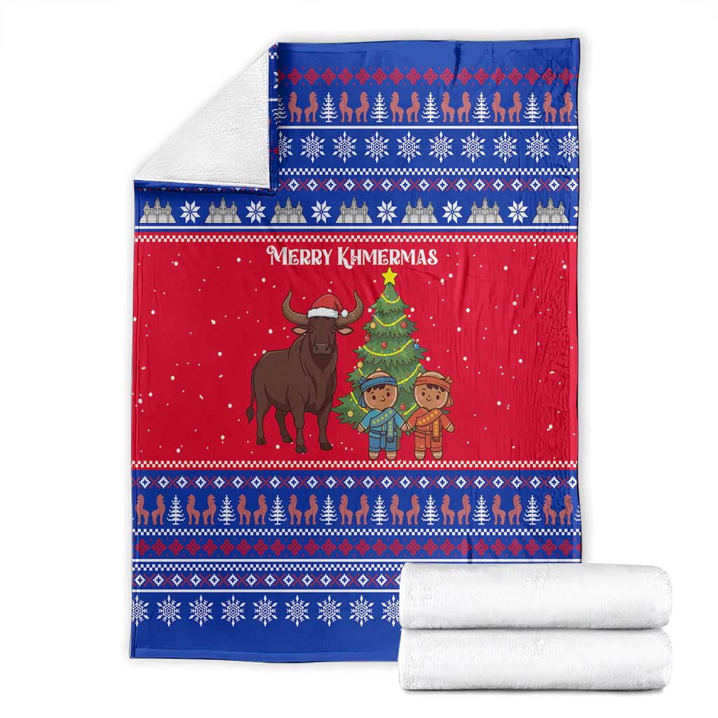 Cambodia Christmas Blanket with Buffalo Children Holiday Tree Snowflakes and Khmer Pattern Design - Wonder Print Shop