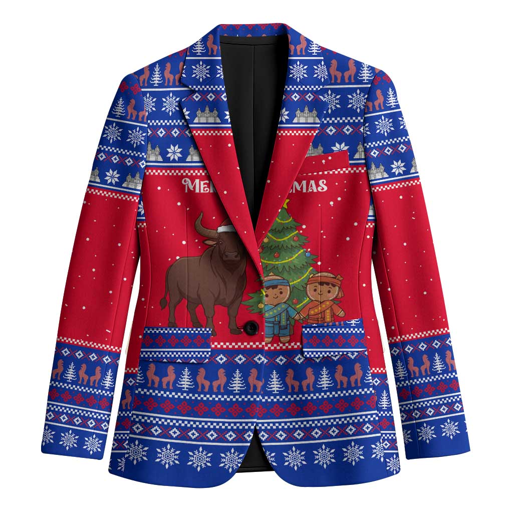 Cambodia Christmas Blazer with Buffalo Children Holiday Tree Snowflakes and Khmer Pattern Design - Wonder Print Shop