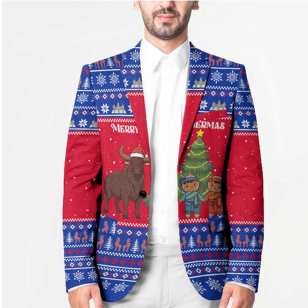 Cambodia Christmas Blazer with Buffalo Children Holiday Tree Snowflakes and Khmer Pattern Design - Wonder Print Shop