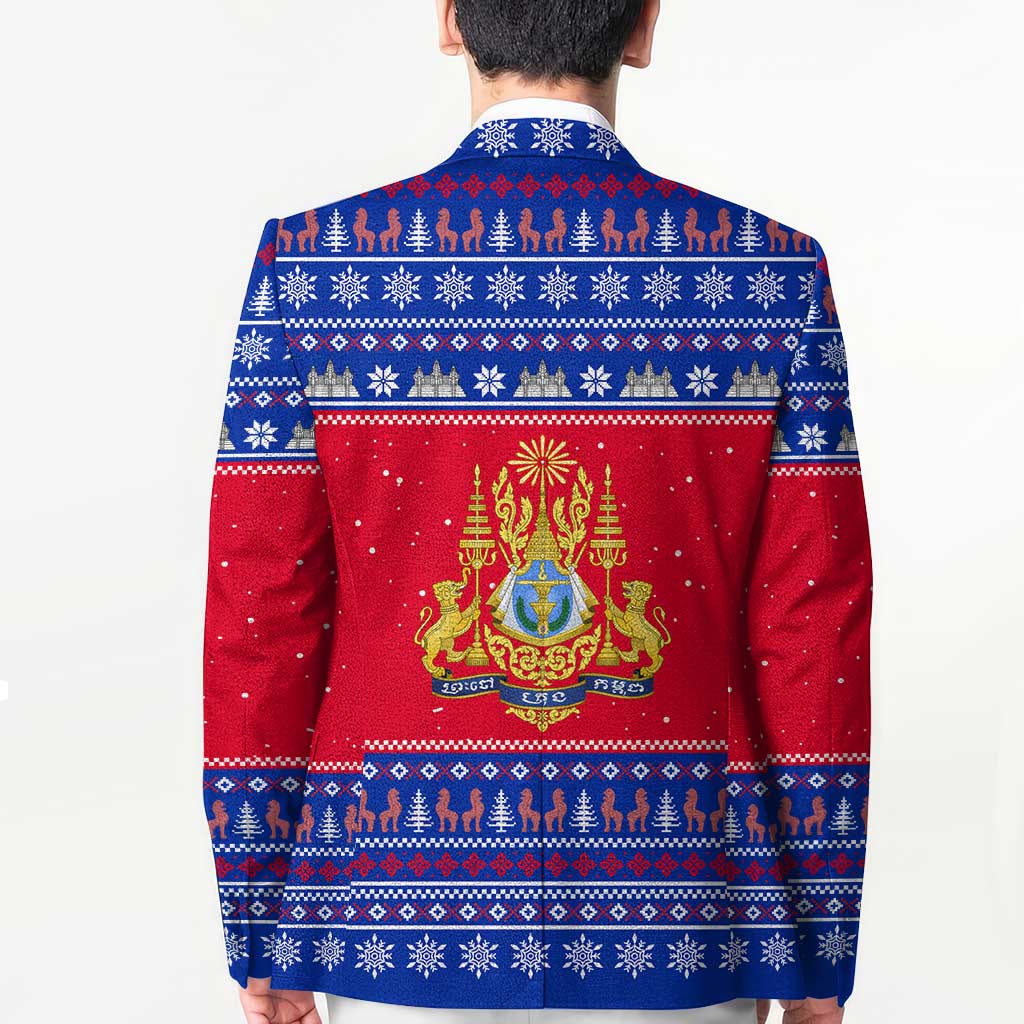 Cambodia Christmas Blazer with Buffalo Children Holiday Tree Snowflakes and Khmer Pattern Design - Wonder Print Shop