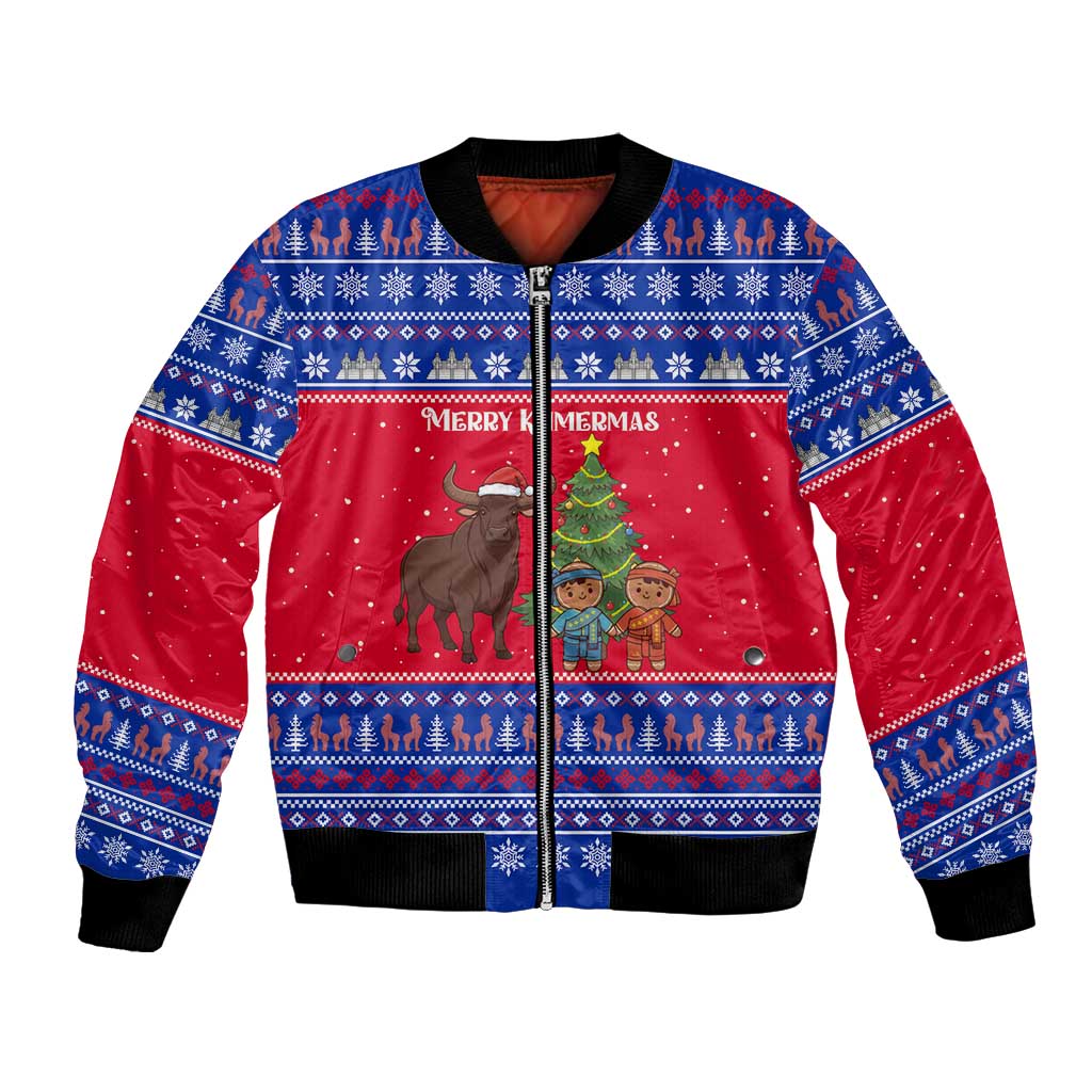 Cambodia Christmas Bomber Jacket with Buffalo Children Holiday Tree Snowflakes and Khmer Pattern Design - Wonder Print Shop