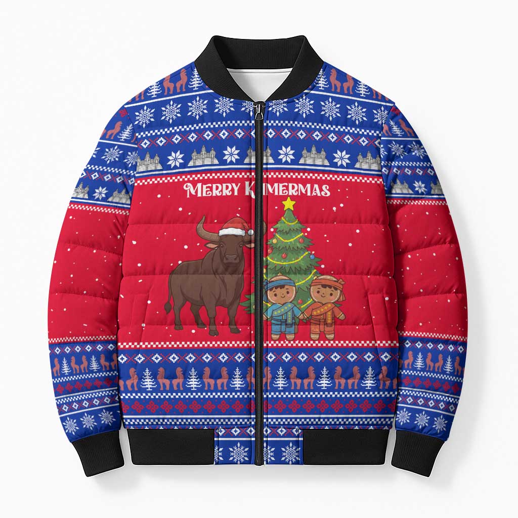 Cambodia Christmas Bomber Puffer Jacket with Buffalo Children Holiday Tree Snowflakes and Khmer Pattern Design - Wonder Print Shop