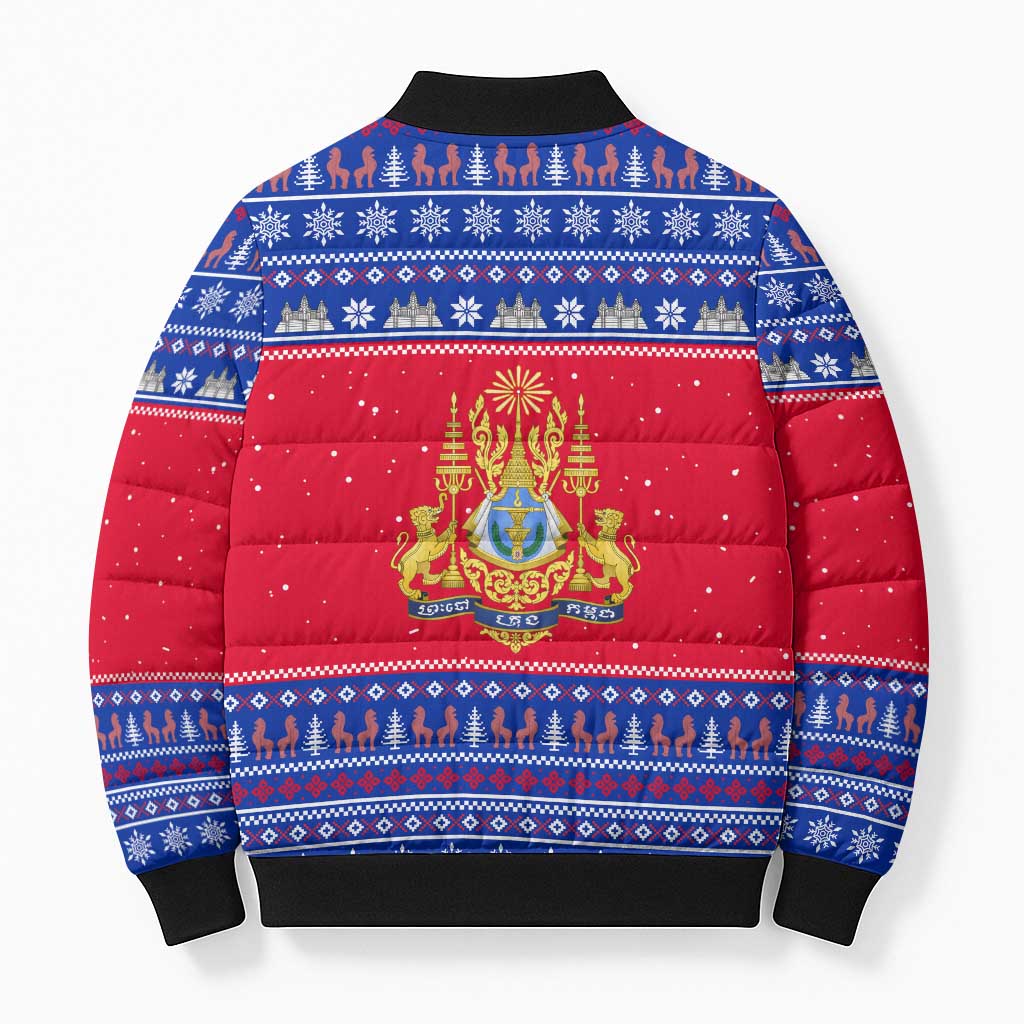 Cambodia Christmas Bomber Puffer Jacket with Buffalo Children Holiday Tree Snowflakes and Khmer Pattern Design - Wonder Print Shop
