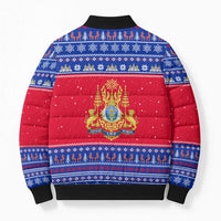 Cambodia Christmas Bomber Puffer Jacket with Buffalo Children Holiday Tree Snowflakes and Khmer Pattern Design - Wonder Print Shop
