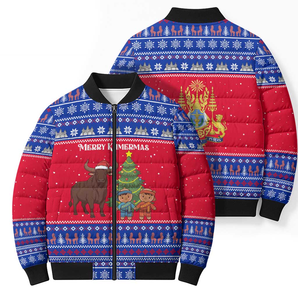 Cambodia Christmas Bomber Puffer Jacket with Buffalo Children Holiday Tree Snowflakes and Khmer Pattern Design - Wonder Print Shop