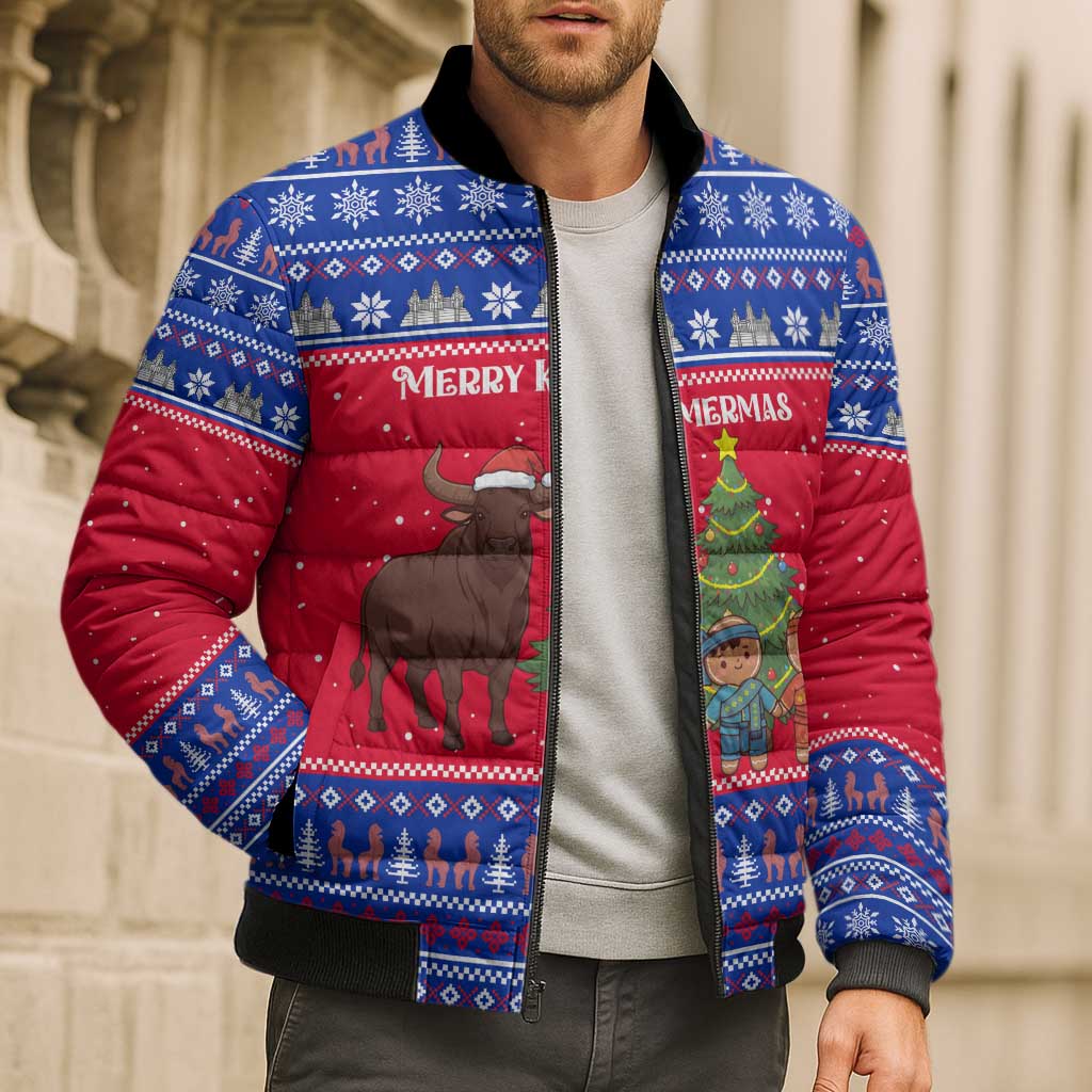 Cambodia Christmas Bomber Puffer Jacket with Buffalo Children Holiday Tree Snowflakes and Khmer Pattern Design - Wonder Print Shop