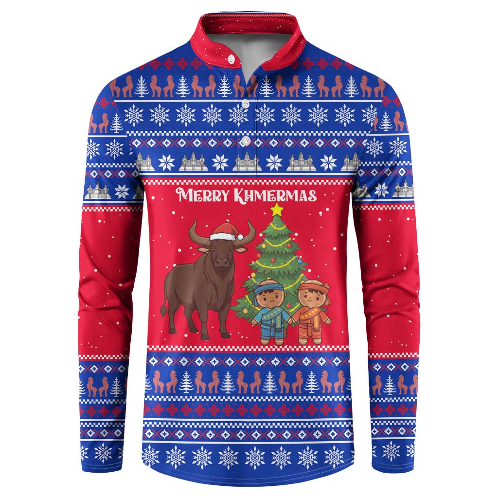Cambodia Christmas Button Sweatshirt with Buffalo Children Holiday Tree Snowflakes and Khmer Pattern Design - Wonder Print Shop
