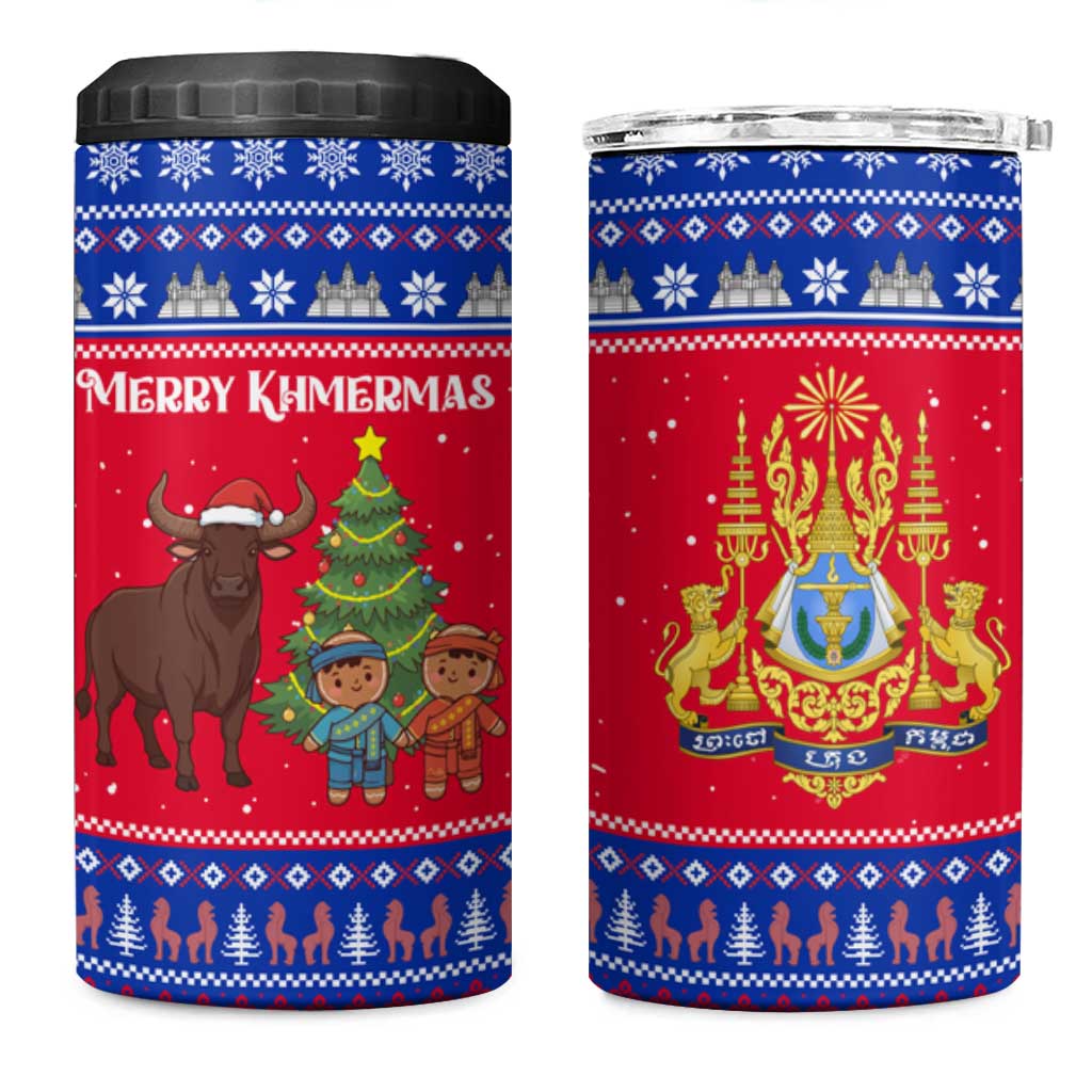 Cambodia Christmas 4 in 1 Can Cooler Tumbler with Buffalo Children Holiday Tree Snowflakes and Khmer Pattern Design - Wonder Print Shop