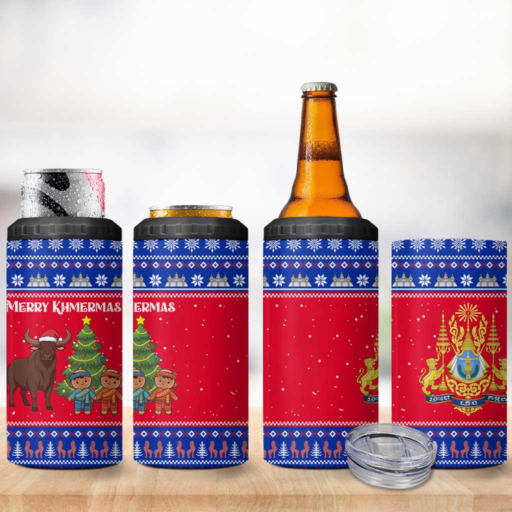 Cambodia Christmas 4 in 1 Can Cooler Tumbler with Buffalo Children Holiday Tree Snowflakes and Khmer Pattern Design - Wonder Print Shop