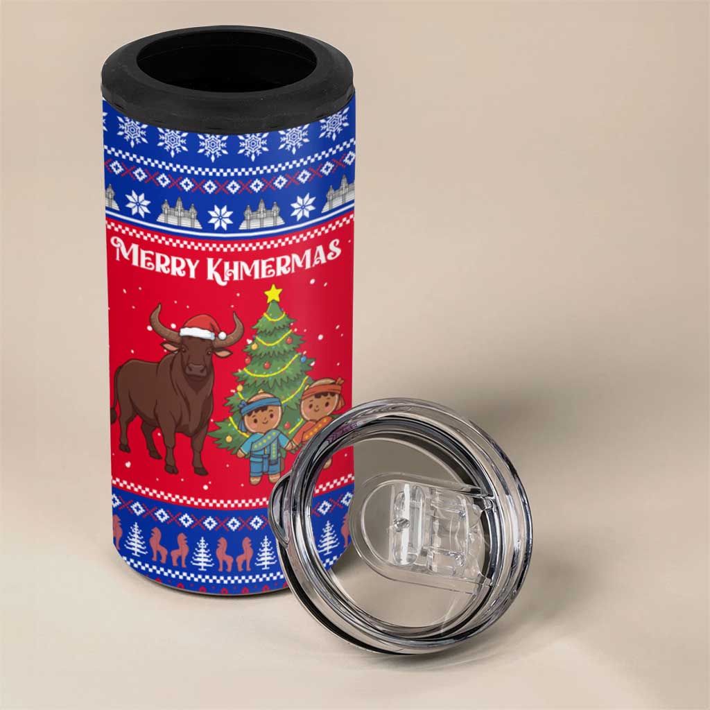 Cambodia Christmas 4 in 1 Can Cooler Tumbler with Buffalo Children Holiday Tree Snowflakes and Khmer Pattern Design - Wonder Print Shop
