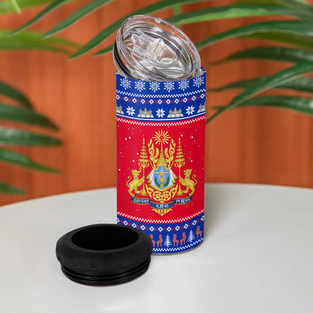 Cambodia Christmas 4 in 1 Can Cooler Tumbler with Buffalo Children Holiday Tree Snowflakes and Khmer Pattern Design - Wonder Print Shop