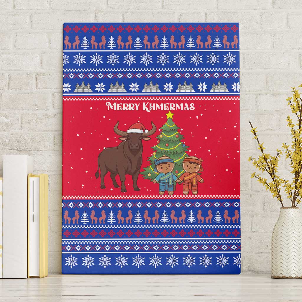 Cambodia Christmas Canvas Wall Art with Buffalo Children Holiday Tree Snowflakes and Khmer Pattern Design - Wonder Print Shop