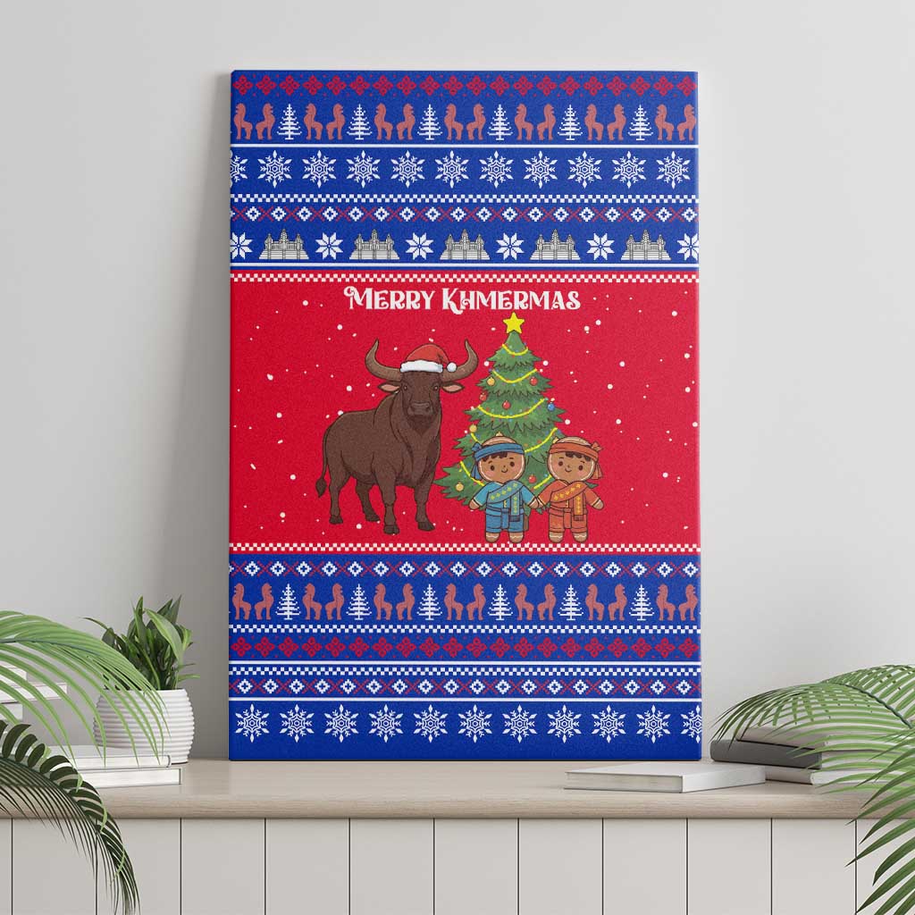 Cambodia Christmas Canvas Wall Art with Buffalo Children Holiday Tree Snowflakes and Khmer Pattern Design - Wonder Print Shop