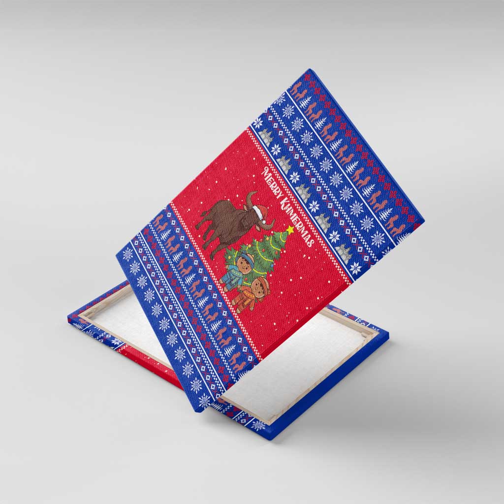 Cambodia Christmas Canvas Wall Art with Buffalo Children Holiday Tree Snowflakes and Khmer Pattern Design - Wonder Print Shop