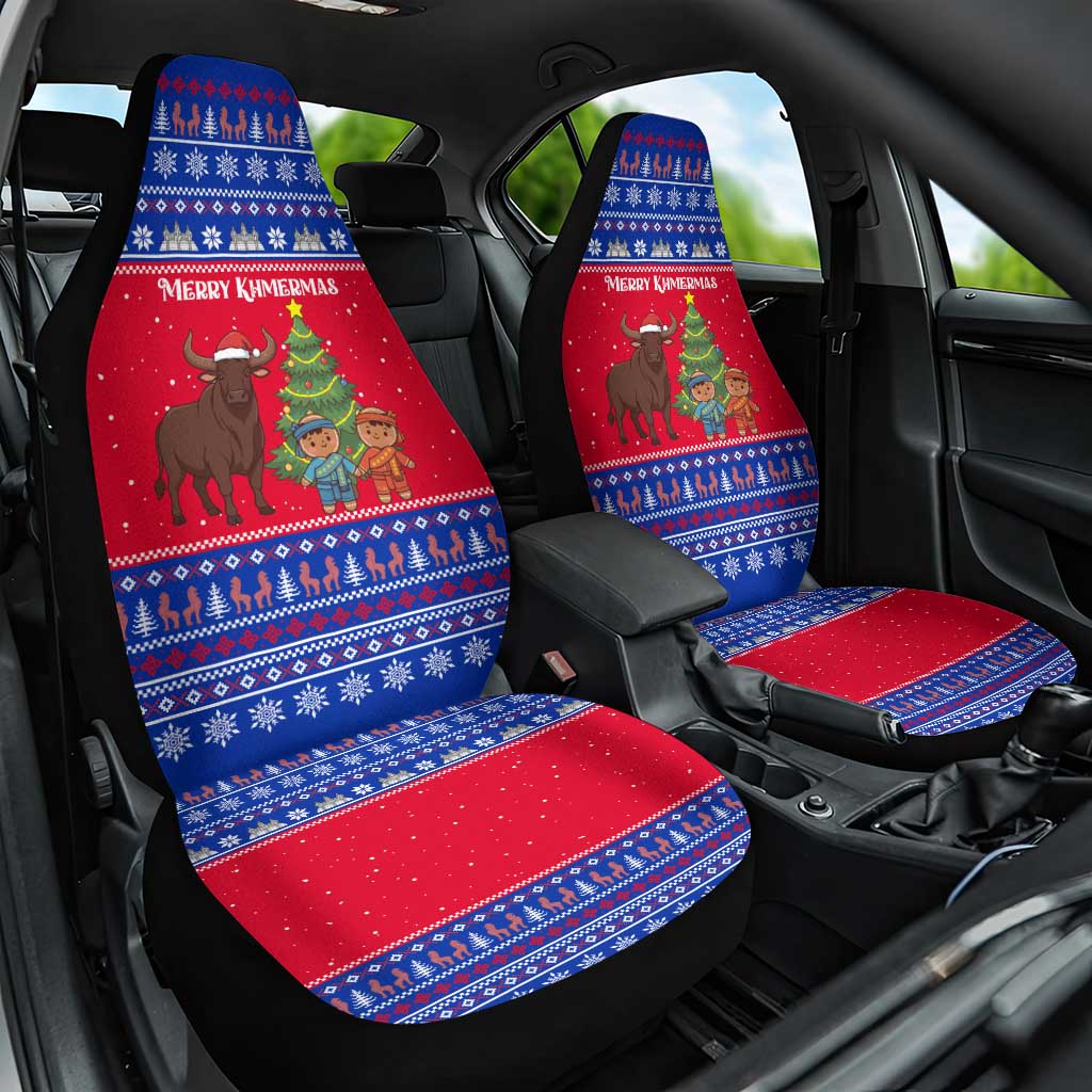 Cambodia Christmas Car Seat Cover with Buffalo Children Holiday Tree Snowflakes and Khmer Pattern Design - Wonder Print Shop
