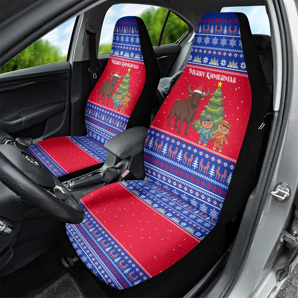 Cambodia Christmas Car Seat Cover with Buffalo Children Holiday Tree Snowflakes and Khmer Pattern Design - Wonder Print Shop