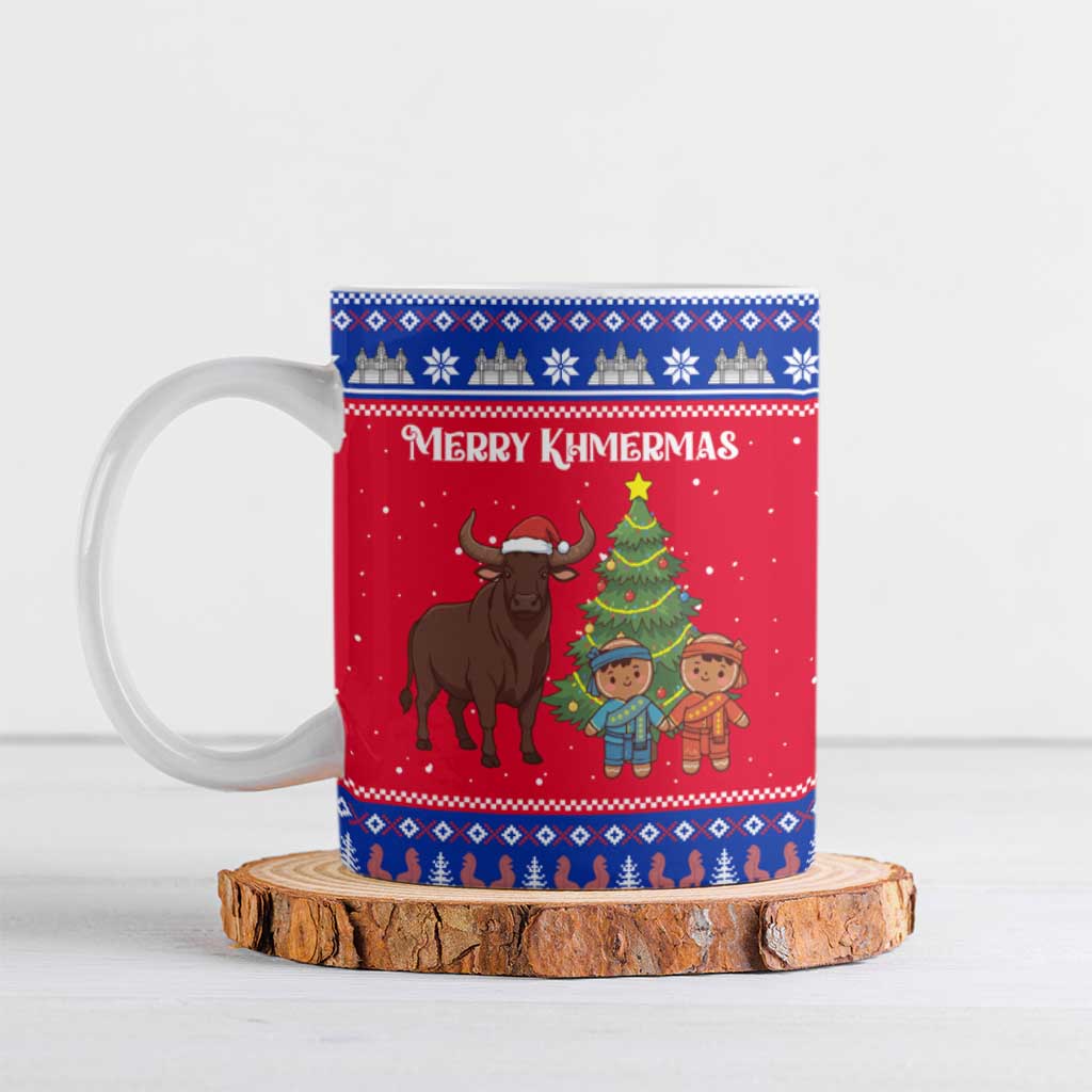 Cambodia Christmas Ceramic Mug with Buffalo Children Holiday Tree Snowflakes and Khmer Pattern Design - Wonder Print Shop