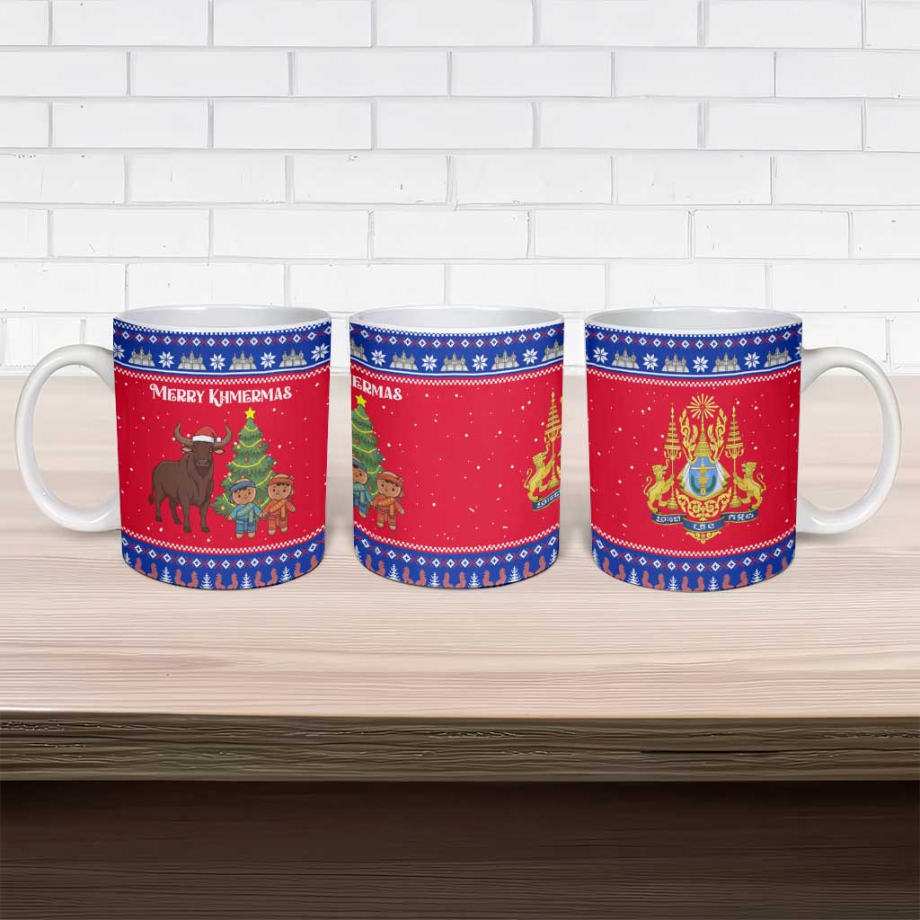 Cambodia Christmas Ceramic Mug with Buffalo Children Holiday Tree Snowflakes and Khmer Pattern Design - Wonder Print Shop
