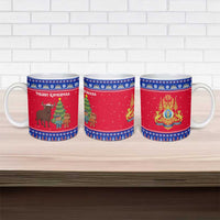 Cambodia Christmas Ceramic Mug with Buffalo Children Holiday Tree Snowflakes and Khmer Pattern Design - Wonder Print Shop