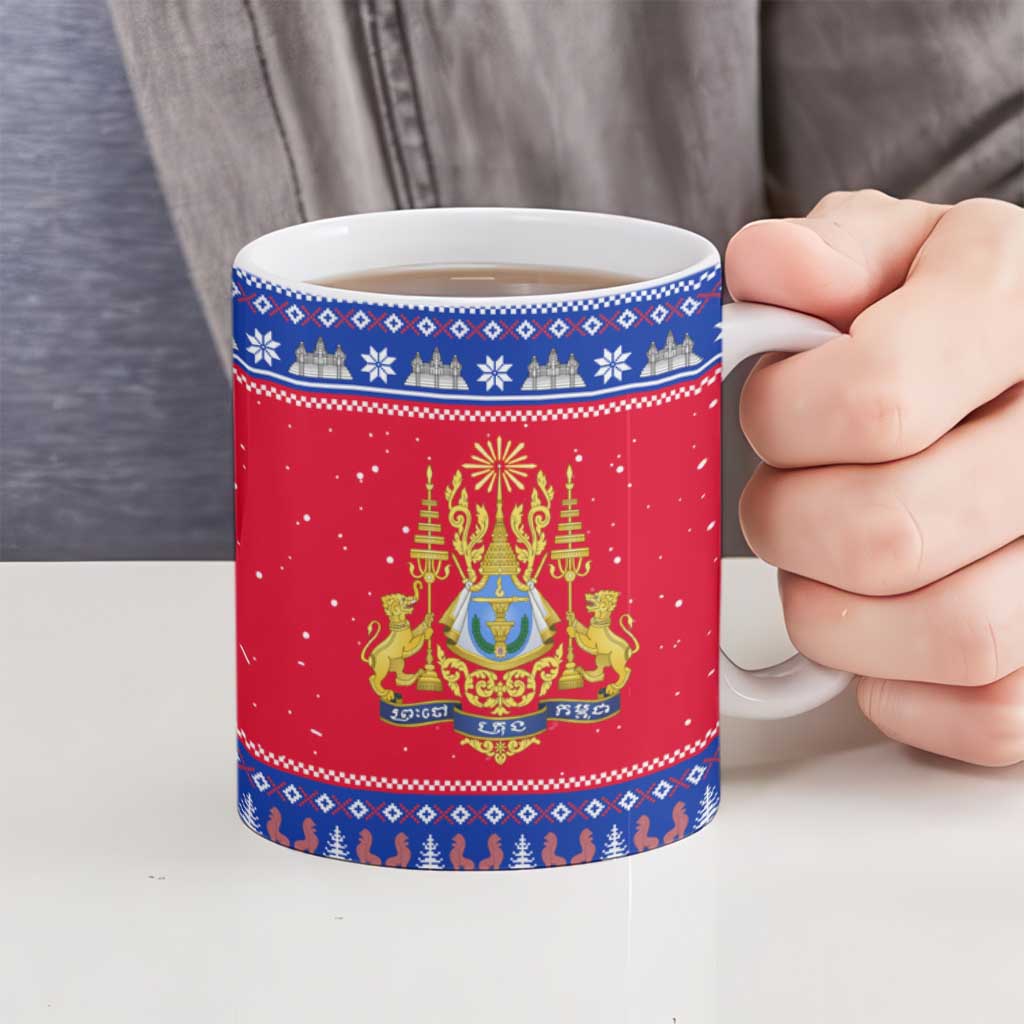 Cambodia Christmas Ceramic Mug with Buffalo Children Holiday Tree Snowflakes and Khmer Pattern Design - Wonder Print Shop