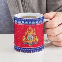 Cambodia Christmas Ceramic Mug with Buffalo Children Holiday Tree Snowflakes and Khmer Pattern Design - Wonder Print Shop