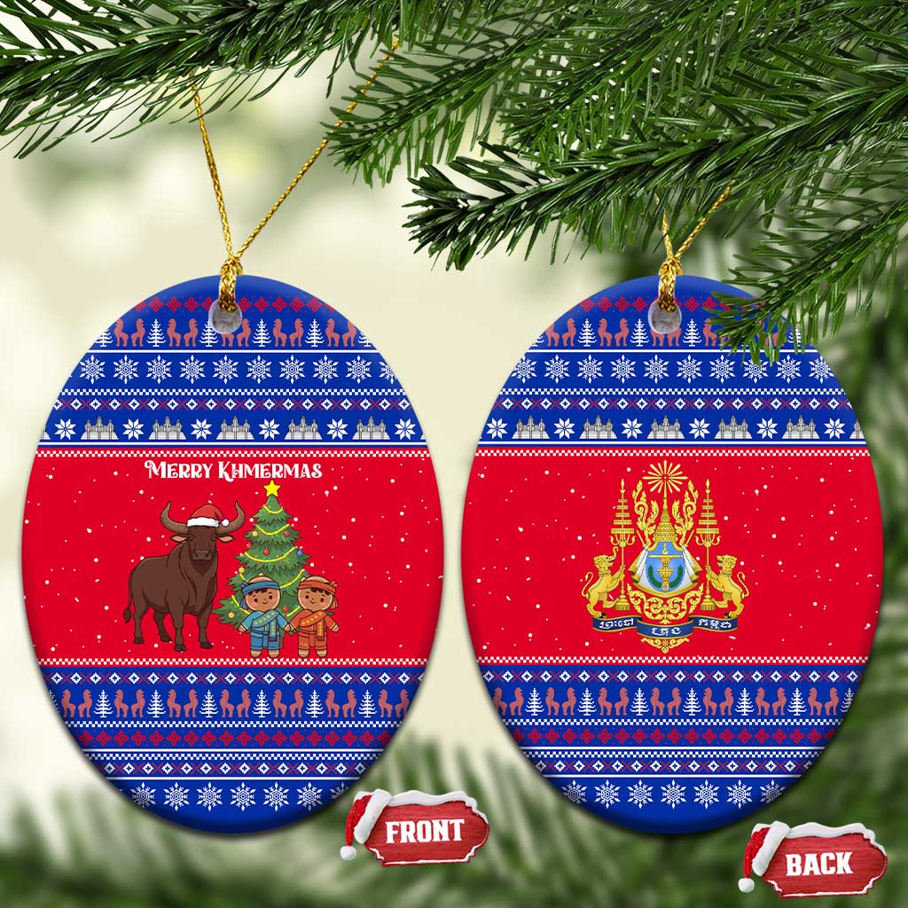 Cambodia Christmas Ceramic Ornament with Buffalo Children Holiday Tree Snowflakes and Khmer Pattern Design - Wonder Print Shop