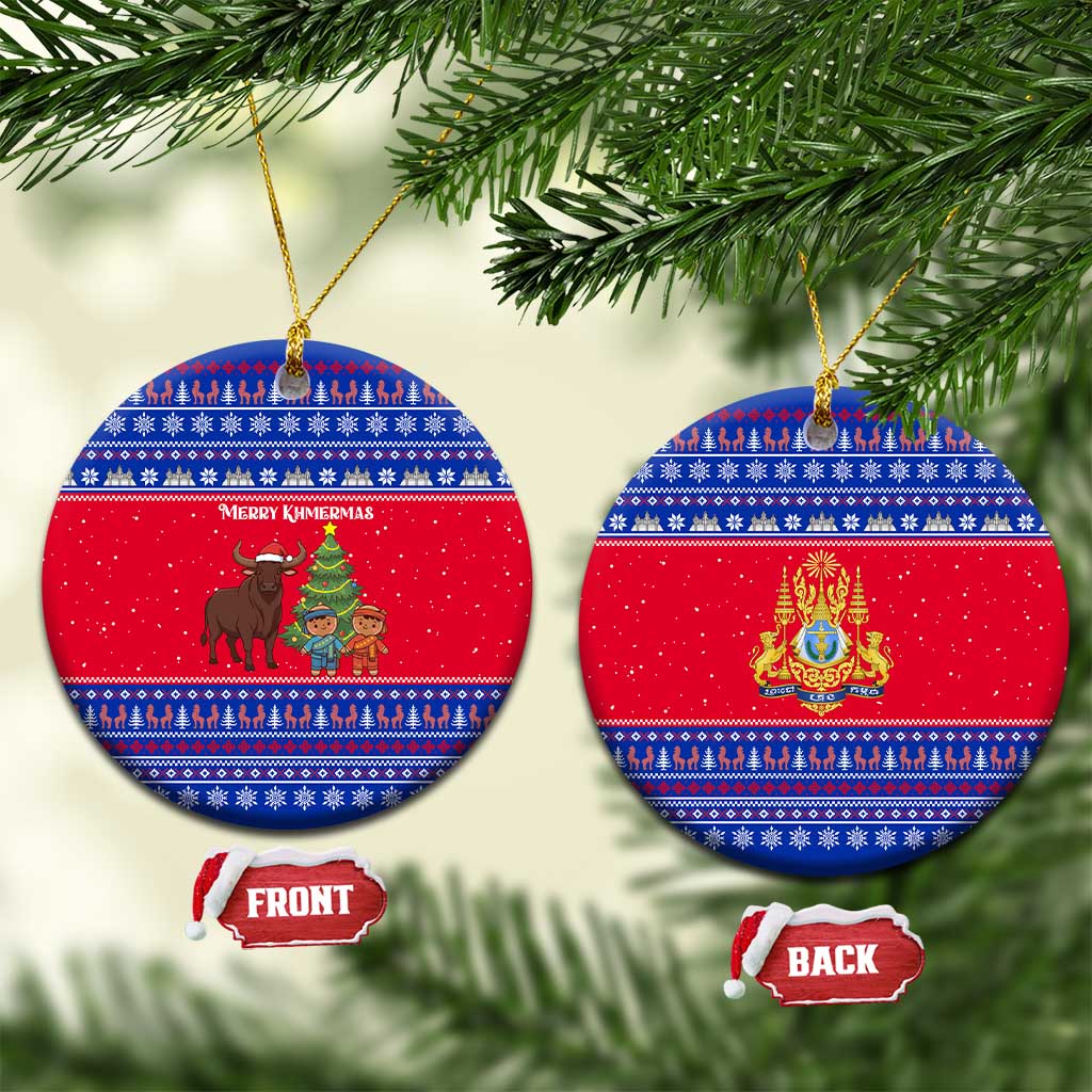Cambodia Christmas Ceramic Ornament with Buffalo Children Holiday Tree Snowflakes and Khmer Pattern Design - Wonder Print Shop