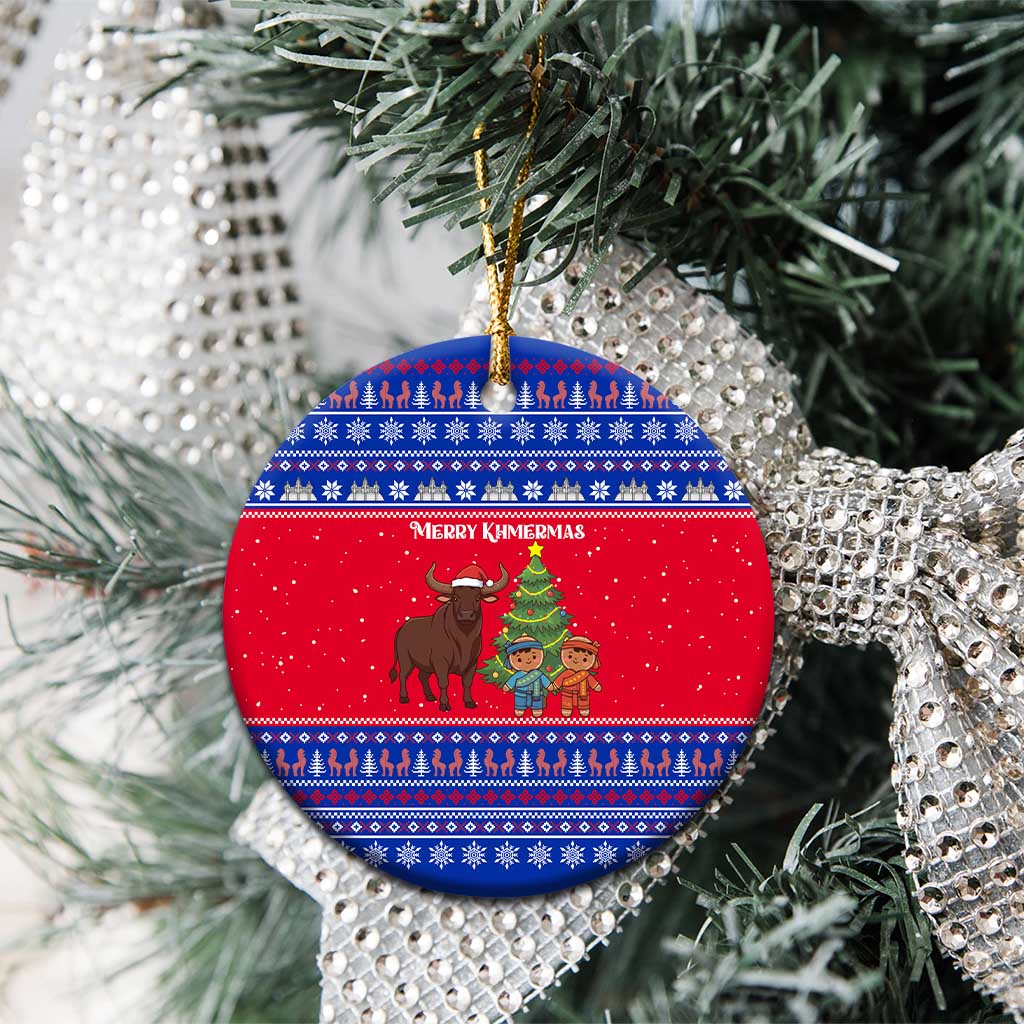 Cambodia Christmas Ceramic Ornament with Buffalo Children Holiday Tree Snowflakes and Khmer Pattern Design - Wonder Print Shop