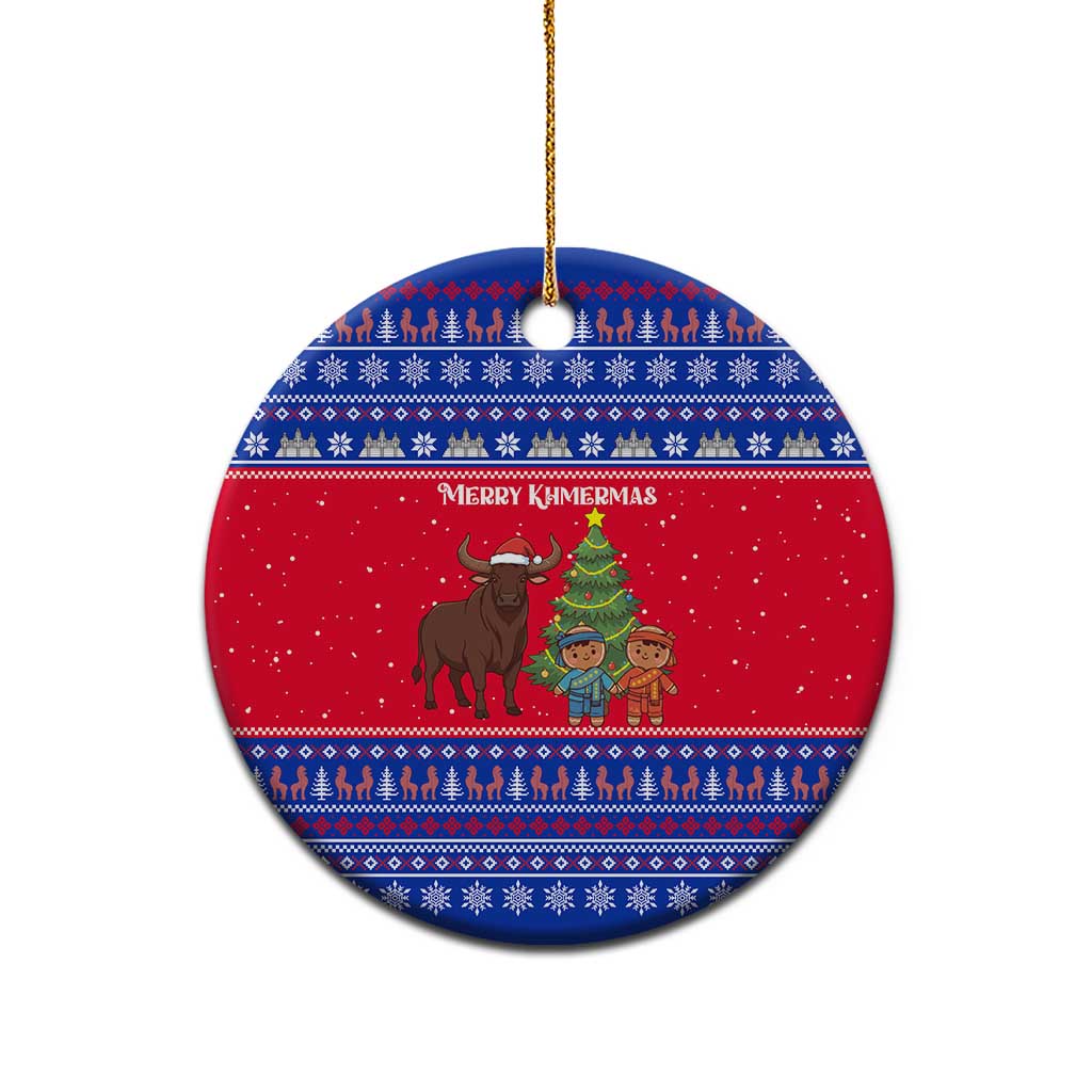 Cambodia Christmas Ceramic Ornament with Buffalo Children Holiday Tree Snowflakes and Khmer Pattern Design - Wonder Print Shop