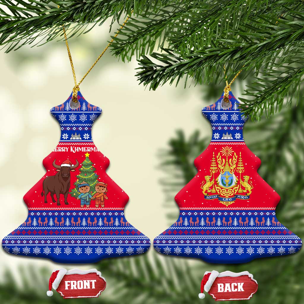 Cambodia Christmas Ceramic Ornament with Buffalo Children Holiday Tree Snowflakes and Khmer Pattern Design - Wonder Print Shop
