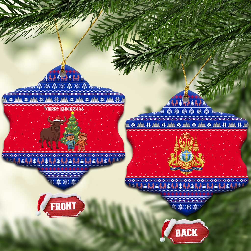 Cambodia Christmas Ceramic Ornament with Buffalo Children Holiday Tree Snowflakes and Khmer Pattern Design - Wonder Print Shop