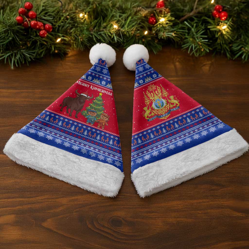 Cambodia Christmas Santa Hat with Buffalo Children Holiday Tree Snowflakes and Khmer Pattern Design - Wonder Print Shop