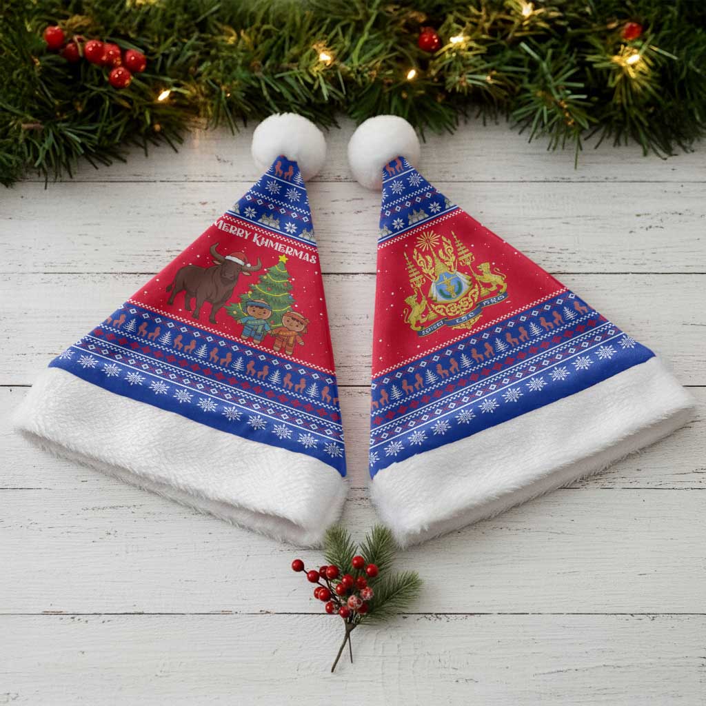 Cambodia Christmas Santa Hat with Buffalo Children Holiday Tree Snowflakes and Khmer Pattern Design - Wonder Print Shop