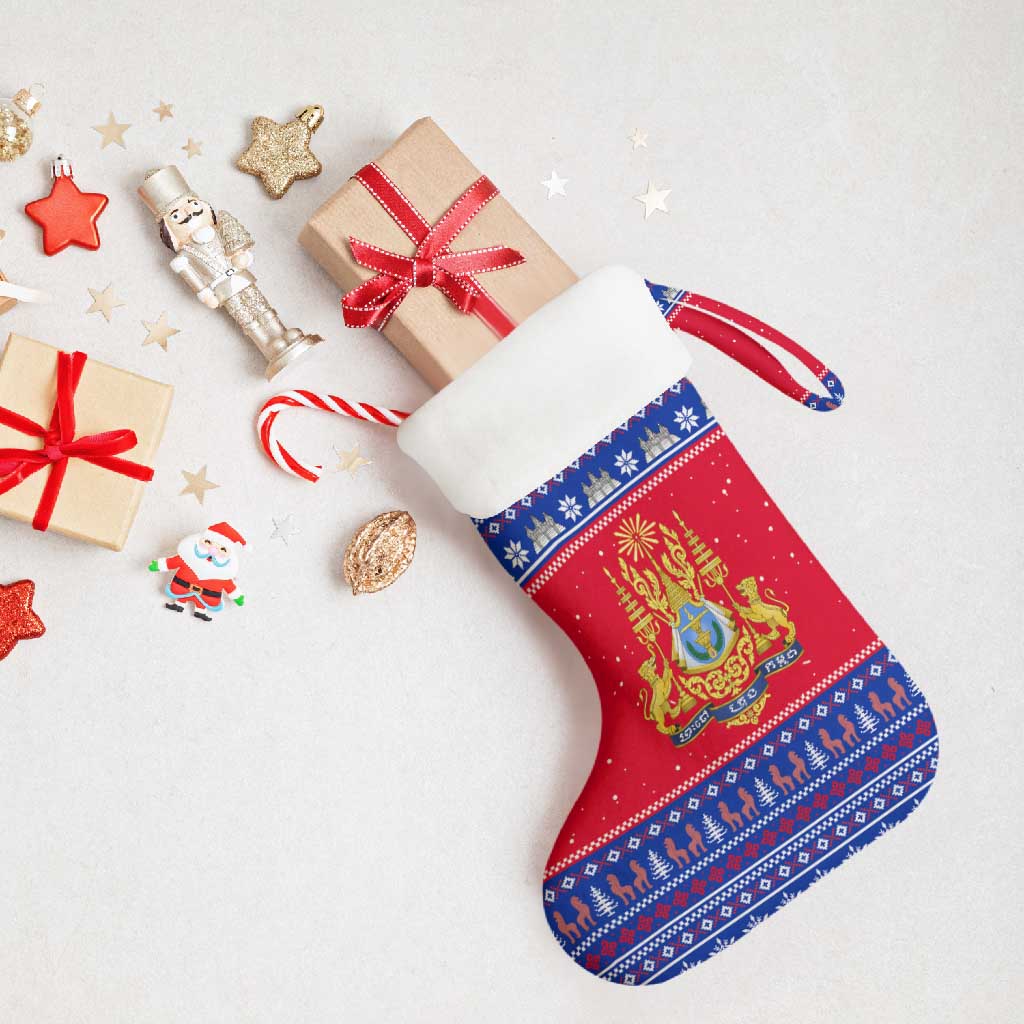 Cambodia Christmas Stocking with Buffalo Children Holiday Tree Snowflakes and Khmer Pattern Design - Wonder Print Shop