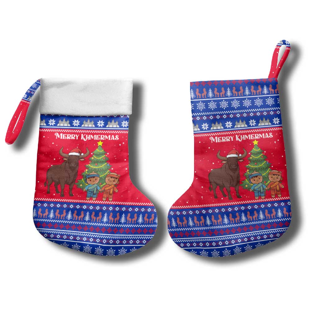 Cambodia Christmas Stocking with Buffalo Children Holiday Tree Snowflakes and Khmer Pattern Design - Wonder Print Shop