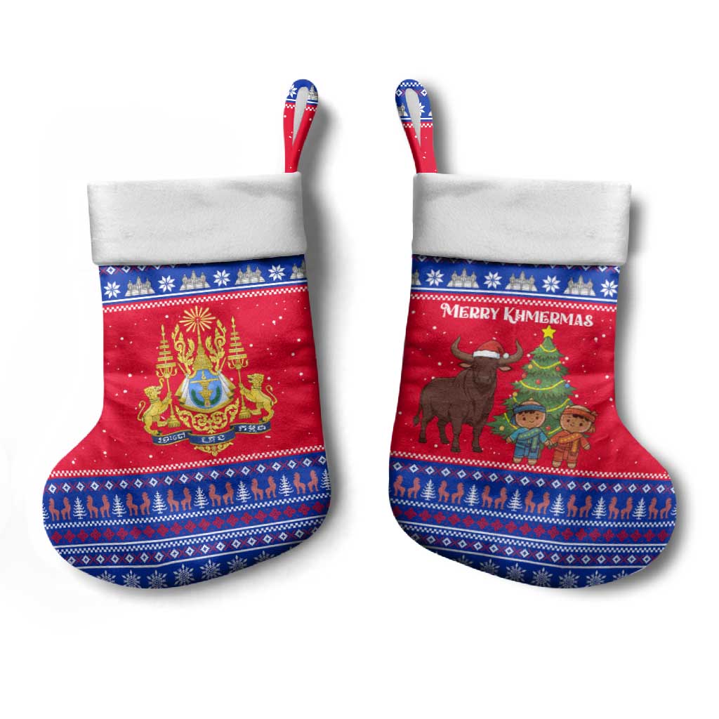Cambodia Christmas Stocking with Buffalo Children Holiday Tree Snowflakes and Khmer Pattern Design - Wonder Print Shop