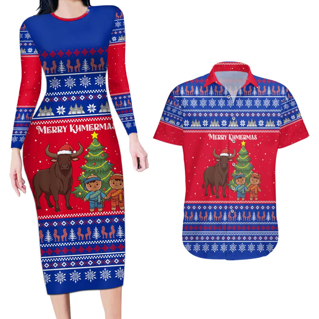 Cambodia Christmas Couples Matching Long Sleeve Bodycon Dress and Hawaiian Shirt with Buffalo Children Holiday Tree Snowflakes and Khmer Pattern Design - Wonder Print Shop