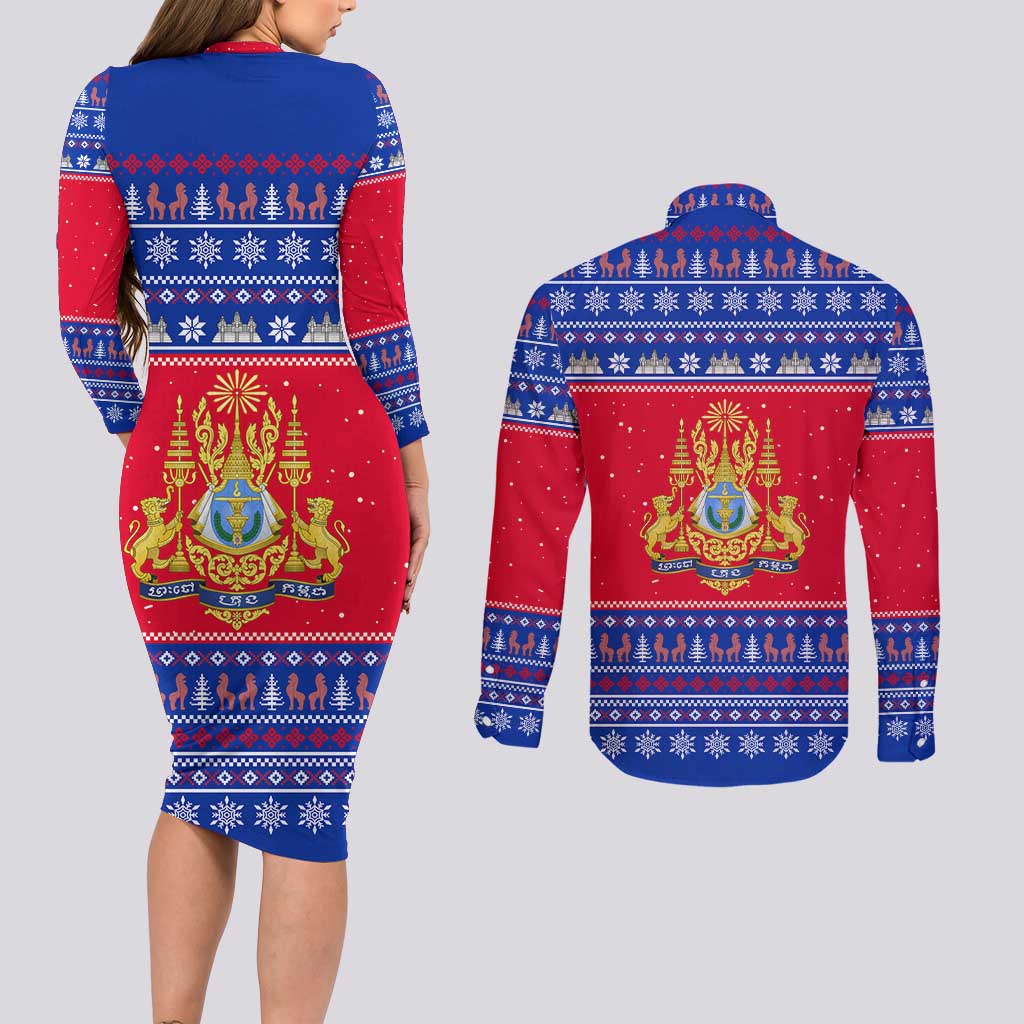 Cambodia Christmas Couples Matching Long Sleeve Bodycon Dress and Long Sleeve Button Shirt with Buffalo Children Holiday Tree Snowflakes and Khmer Pattern Design - Wonder Print Shop