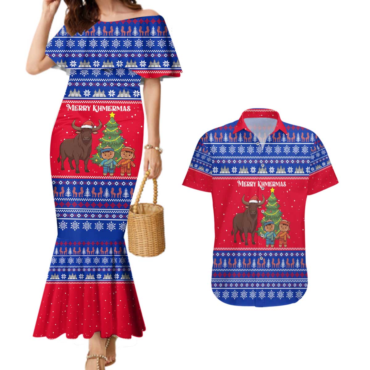 Cambodia Christmas Couples Matching Mermaid Dress and Hawaiian Shirt with Buffalo Children Holiday Tree Snowflakes and Khmer Pattern Design - Wonder Print Shop