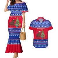 Cambodia Christmas Couples Matching Mermaid Dress and Hawaiian Shirt with Buffalo Children Holiday Tree Snowflakes and Khmer Pattern Design - Wonder Print Shop