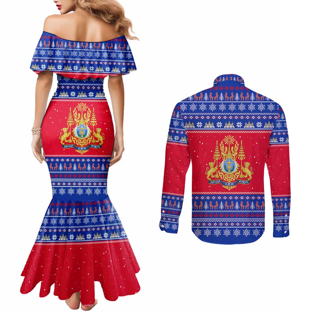 Cambodia Christmas Couples Matching Mermaid Dress and Long Sleeve Button Shirt with Buffalo Children Holiday Tree Snowflakes and Khmer Pattern Design - Wonder Print Shop