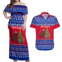 Cambodia Christmas Couples Matching Off Shoulder Maxi Dress and Hawaiian Shirt with Buffalo Children Holiday Tree Snowflakes and Khmer Pattern Design - Wonder Print Shop