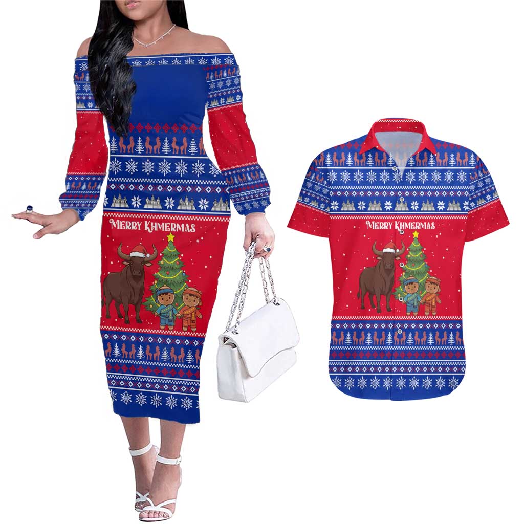 Cambodia Christmas Couples Matching Off The Shoulder Long Sleeve Dress and Hawaiian Shirt with Buffalo Children Holiday Tree Snowflakes and Khmer Pattern Design - Wonder Print Shop
