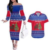 Cambodia Christmas Couples Matching Off The Shoulder Long Sleeve Dress and Hawaiian Shirt with Buffalo Children Holiday Tree Snowflakes and Khmer Pattern Design - Wonder Print Shop