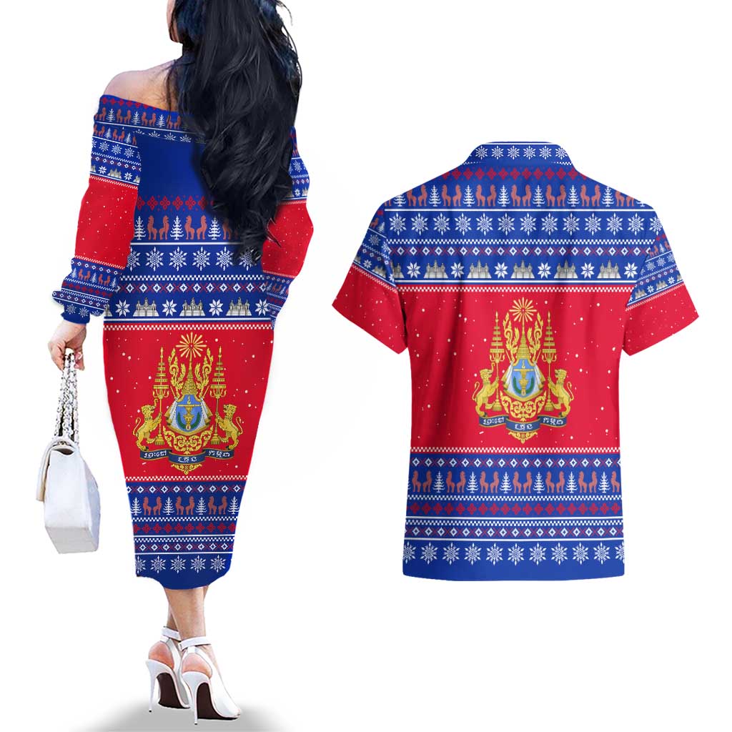Cambodia Christmas Couples Matching Off The Shoulder Long Sleeve Dress and Hawaiian Shirt with Buffalo Children Holiday Tree Snowflakes and Khmer Pattern Design - Wonder Print Shop